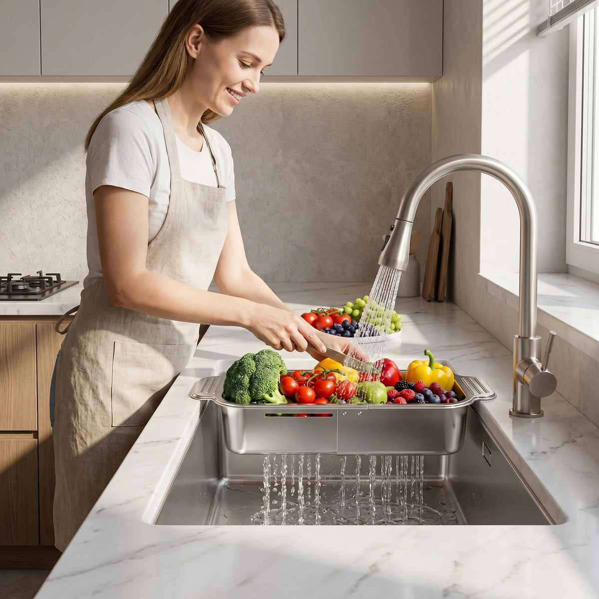 Adjustable Stainless Steel Over-Sink Colander Basket – Extendable Drain Rack 21cm to 44cm – Great for Rinsing Fruit, Draining Pasta & Drying Dishes