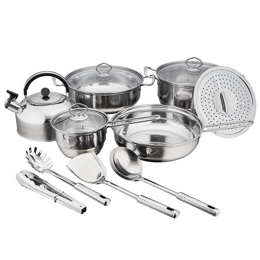 14 Piece Stainless Steel Cookware Set with Kettle, Steamer & Utensils – Pots & Pans with Glass Lids – Perfect for New Homes & Everyday Cooking