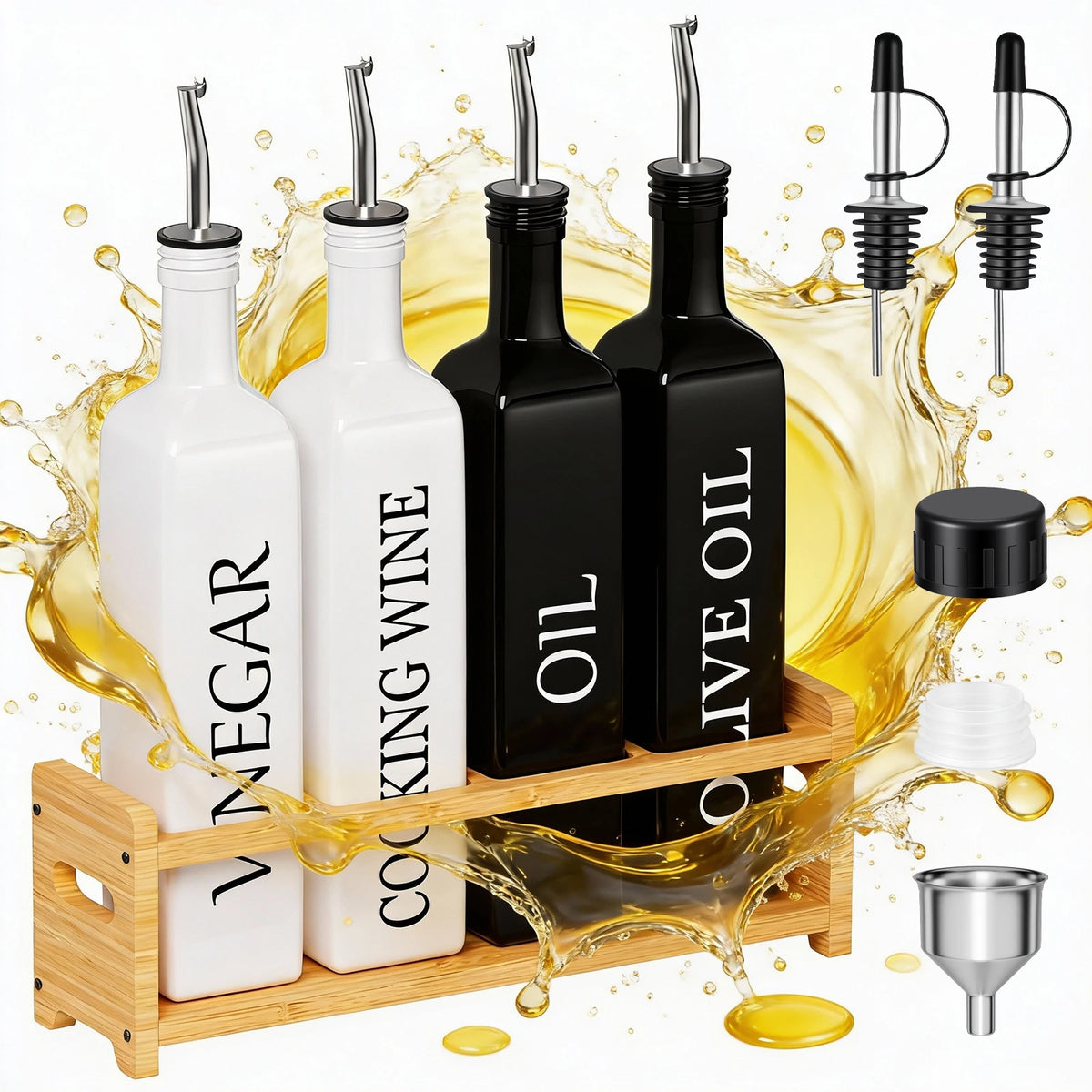 Oil & Vinegar Dispenser Set with Bamboo Rack – Black & White Glass Bottles with Steel Pour Spouts, Stoppers & Funnel – Great for Worktops & Dining Tables