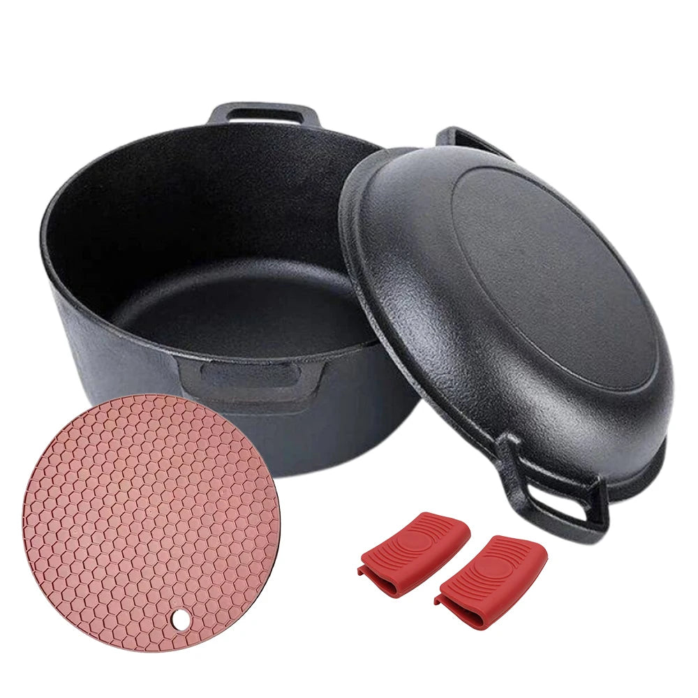 Cast Iron Dutch Oven Pot with Skillet Lid Set – 2-in-1 Multi Cooker for All Stoves – Ideal for Cooking, Baking, Frying & Camping (26cm)