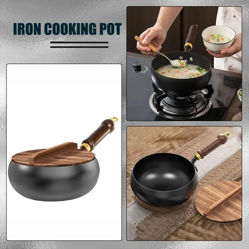 Iron Frying Pan with Beech Wood Lid – Hand-Forged Uncoated Wok-Style Pan – Best for Frying, Stewing & Deep Frying – Available in 24cm & 28cm