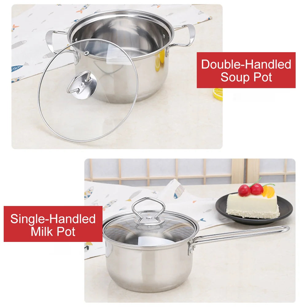 14 Piece Non-Stick Stainless Steel Cookware Set with Steamer Tray, Kettle & Utensils – Pots, Pans & Glass Lids – Best for Home & Restaurant Kitchens