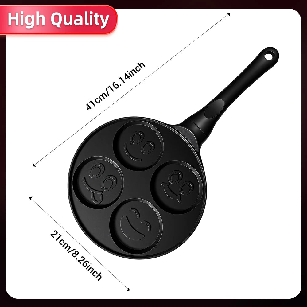Smiley Face Mini Pancake Maker – 4 Cavity Non-Stick Maifan Stone Griddle with Anti-Scald Handle – Ideal for Fun Breakfasts & Fried Eggs