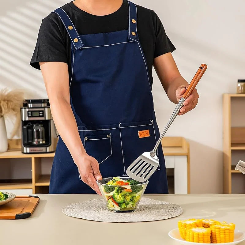 Stainless Steel Wok Spatula & Ladle Set with Wooden Handles – Skimmer, Slotted Turner & Cooking Utensils – Great for Stir-Fries, Soups & Frying – Available as a 4-Piece Set or Singles