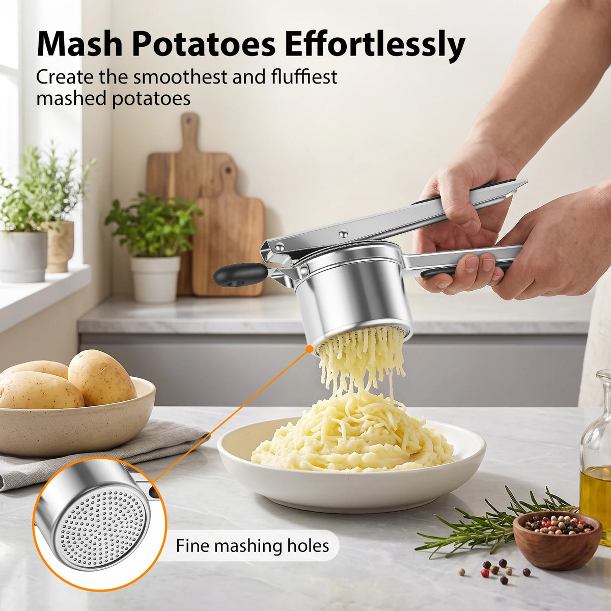 Large Stainless Steel Potato Ricer & Masher Press – Heavy Duty 15oz Food Press with Silicone Handle – Great for Fluffy Mash & Vegetable Purées