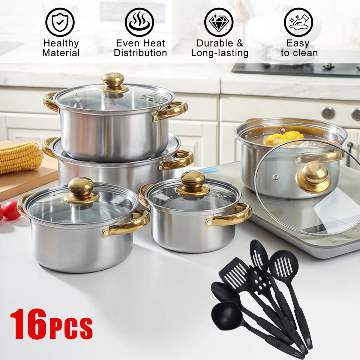 Golden Stainless Steel Cookware Set with Glass Lids & Silicone Utensils – 16 Piece Pots & Pans 18cm to 26cm – Perfect for Home Cooking & Dinner Parties