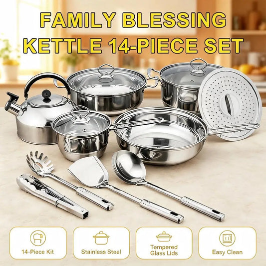 14 Piece Stainless Steel Cookware Set with Kettle, Steamer & Utensils – Pots & Pans with Glass Lids – Perfect for New Homes & Everyday Cooking