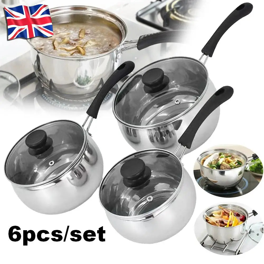 6 Piece 304 Stainless Steel Saucepan Set with Glass Lids – 3 Pots with Sturdy Handles – Ideal for Sauces, Soups & Everyday Cooking