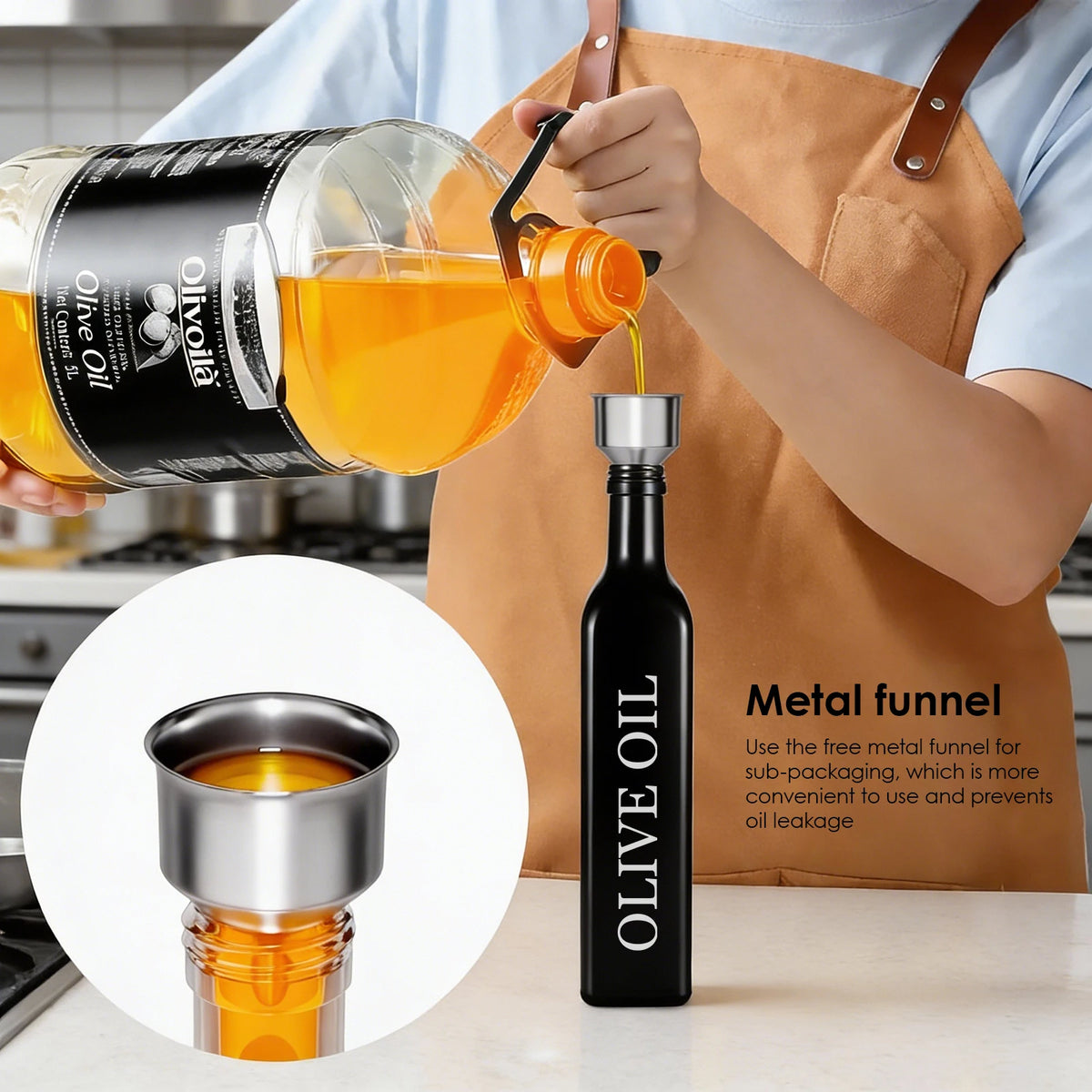4 Pack Glass Oil Dispenser Bottles with Auto Open & Close Spouts – Leak-Proof 500ml Bottles with Funnel & Spare Caps – Ideal for Olive Oil, Soy Sauce & Vinegar