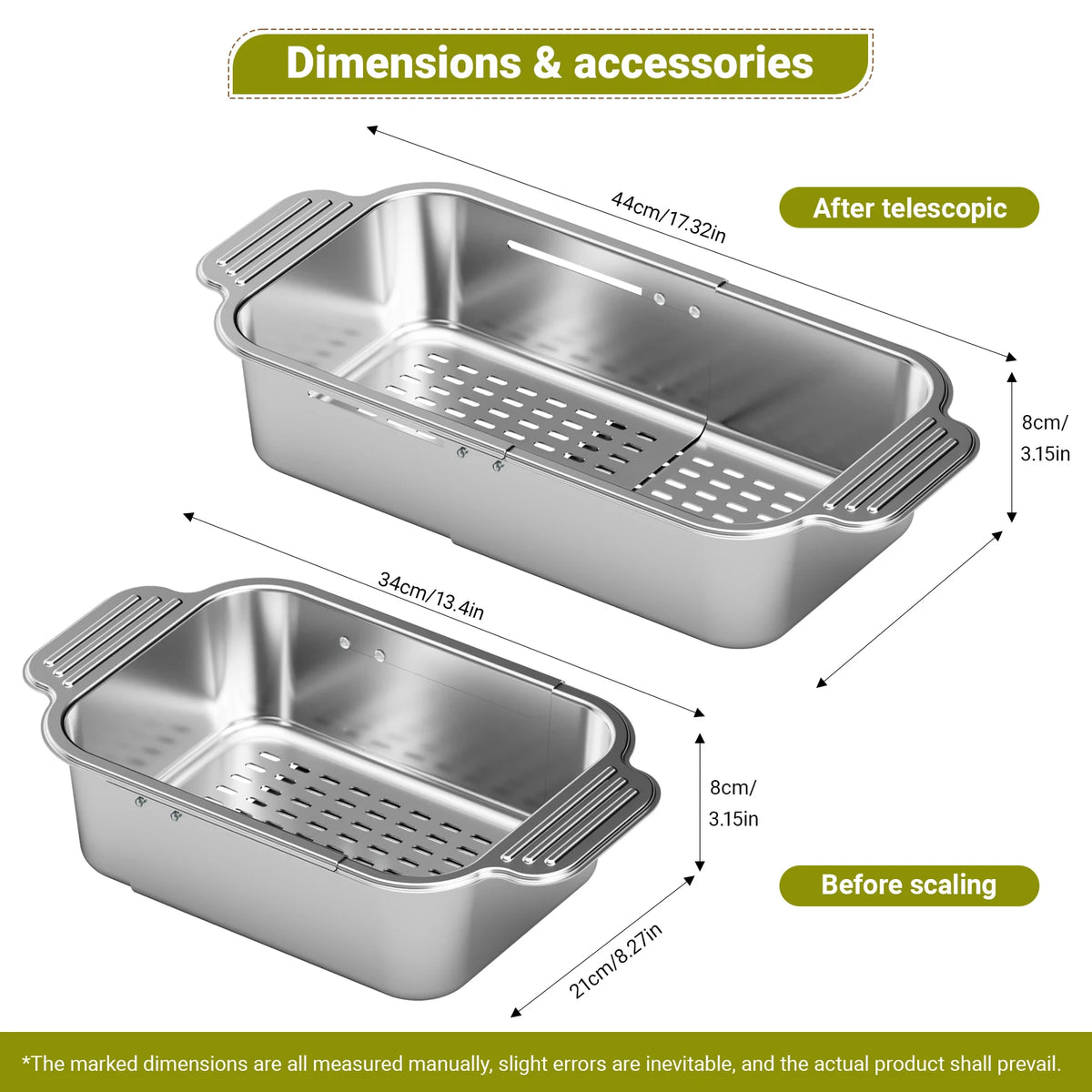 Adjustable Stainless Steel Over-Sink Colander Basket – Extendable Drain Rack 21cm to 44cm – Great for Rinsing Fruit, Draining Pasta & Drying Dishes