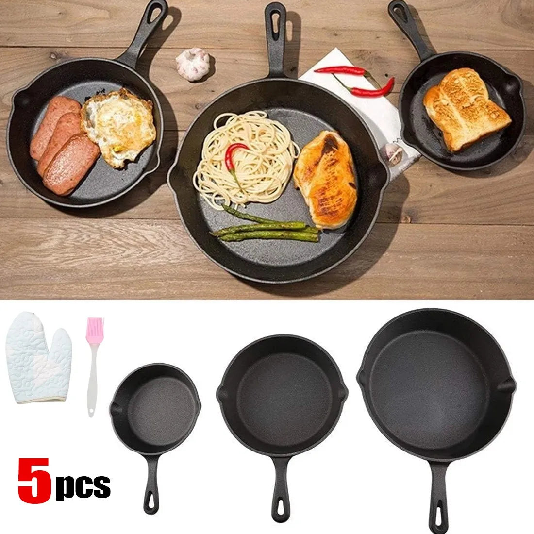 3 Piece Cast Iron Skillet Set with Brush & Heat Resistant Gloves – Pre-Seasoned Frying & Griddle Pans 16cm, 20cm & 26cm – Best for Searing, Frying & Oven Roasting
