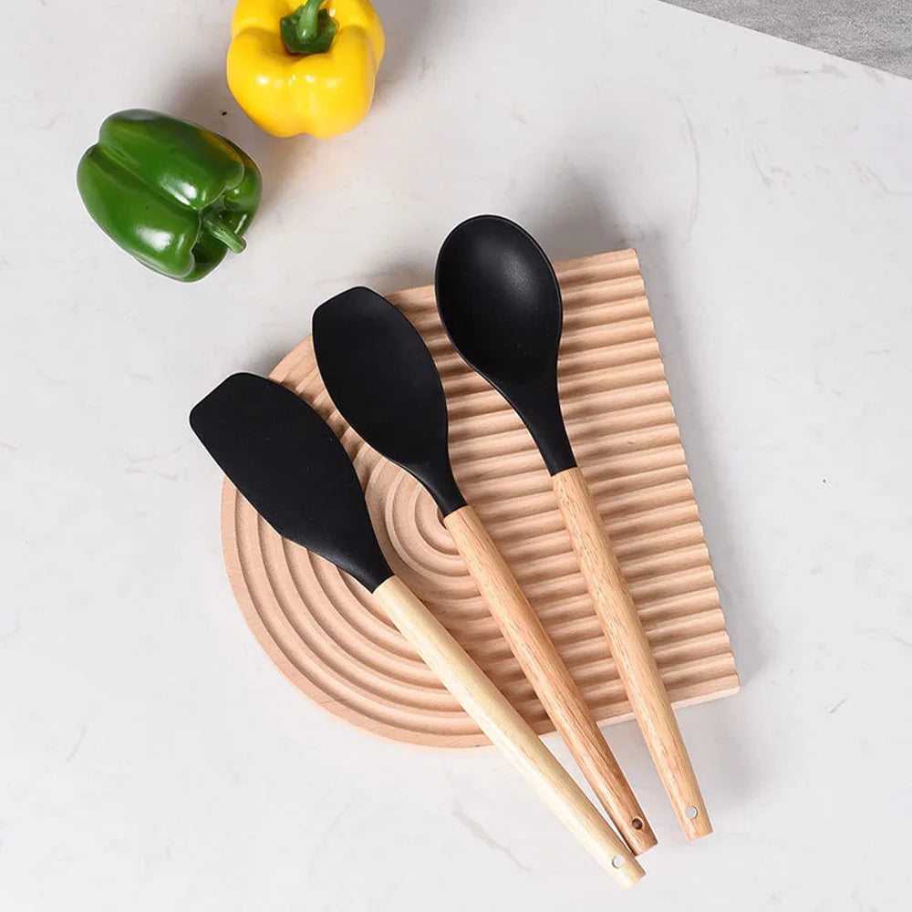 44 Piece Silicone Kitchen Utensil Set with Wooden Handles & Holder – Spatulas, Spoons, Whisk, Tongs & Measuring Cups – Ideal for Complete Kitchen Kits