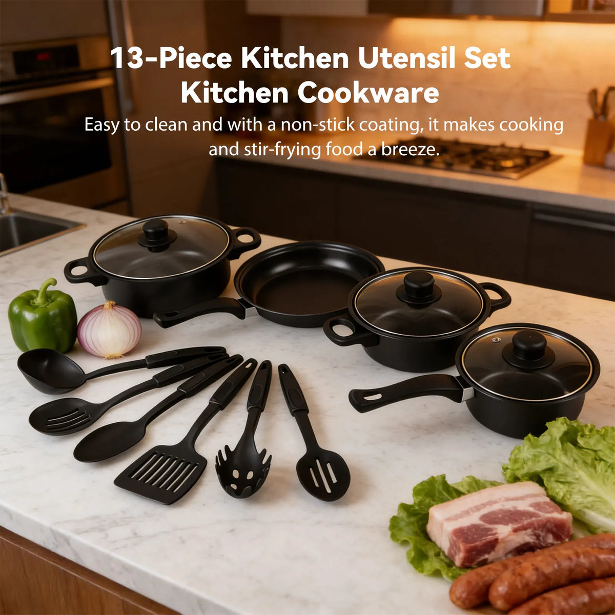 13 Piece Stone-Coated Non-Stick Cookware Set – 4 Pots & Pans, 3 Lids & 6 Utensils – Ideal for Induction & Gas Hobs