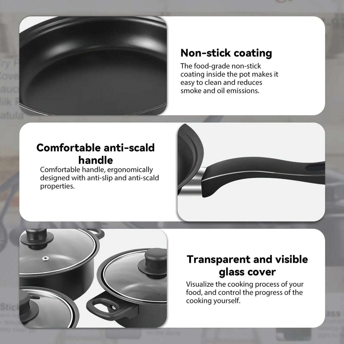13 Piece Stone-Coated Non-Stick Cookware Set – 4 Pots & Pans, 3 Lids & 6 Utensils – Ideal for Induction & Gas Hobs