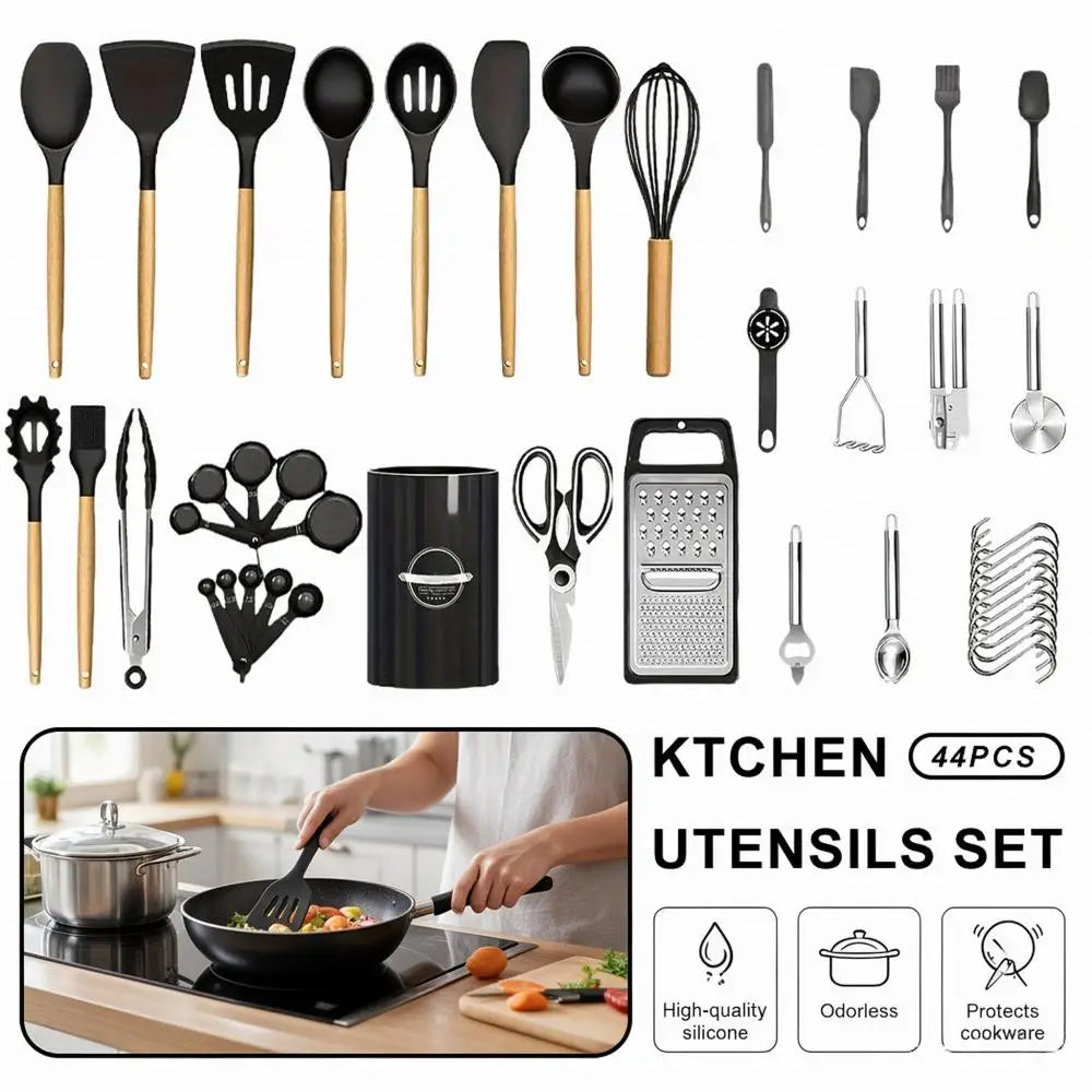44 Piece Silicone Kitchen Utensil Set with Wooden Handles & Holder – Spatulas, Spoons, Whisk, Tongs & Measuring Cups – Ideal for Complete Kitchen Kits