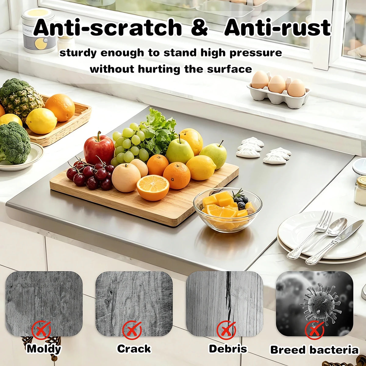 Large Stainless Steel Pastry & Chopping Board with Lip – Heavy Duty Non-Slip Baking Mat & Worktop Protector – Best for Dough, Pastry & Meat (50 x 60cm)