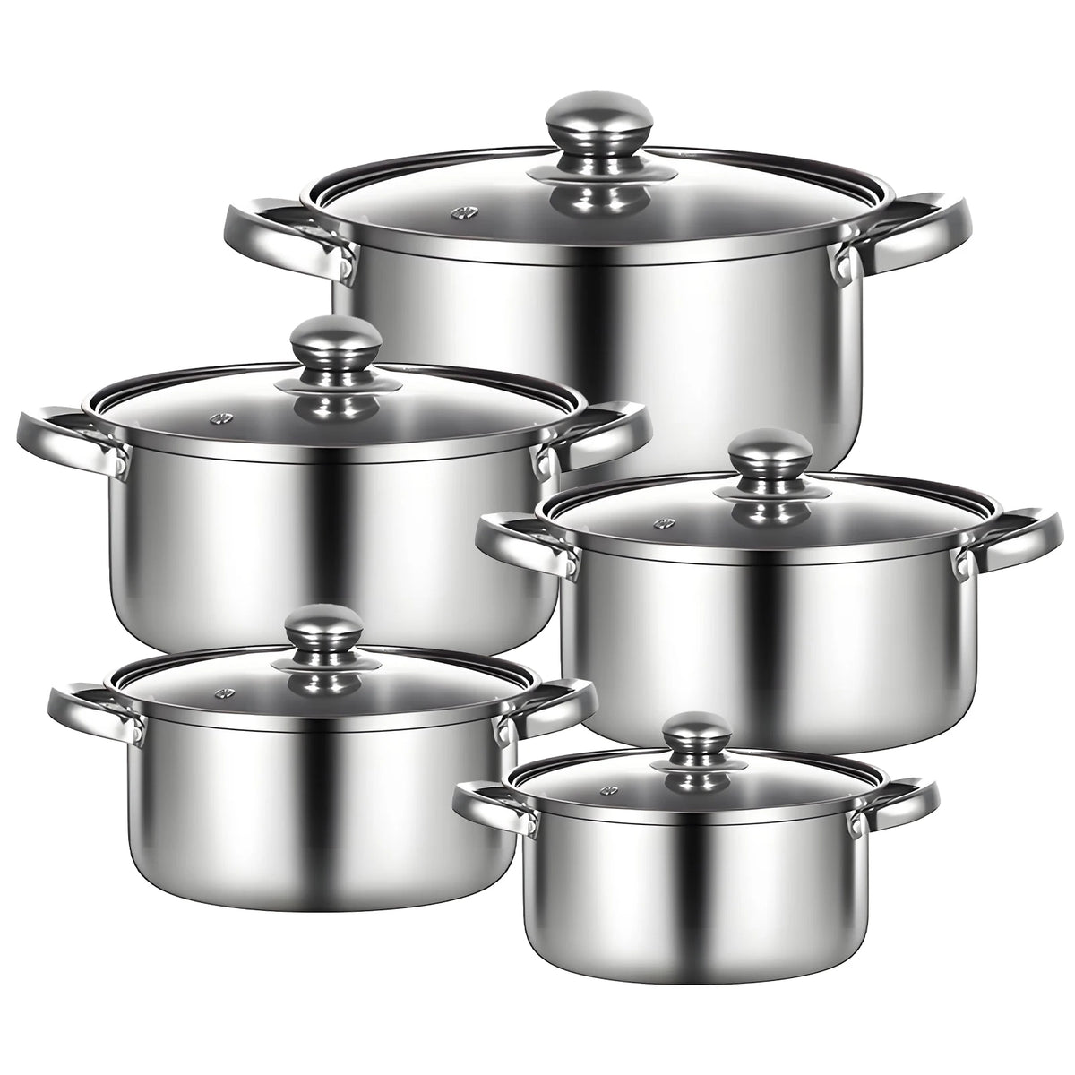 10 Piece Stainless Steel Cooking Pot Set with Glass Lids – 5 Pots 16cm to 24cm – Best for Boiling, Simmering & Family Meals
