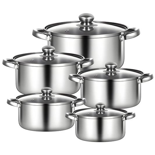 10 Piece Stainless Steel Cooking Pot Set with Glass Lids – 5 Pots 16cm to 24cm – Best for Boiling, Simmering & Family Meals