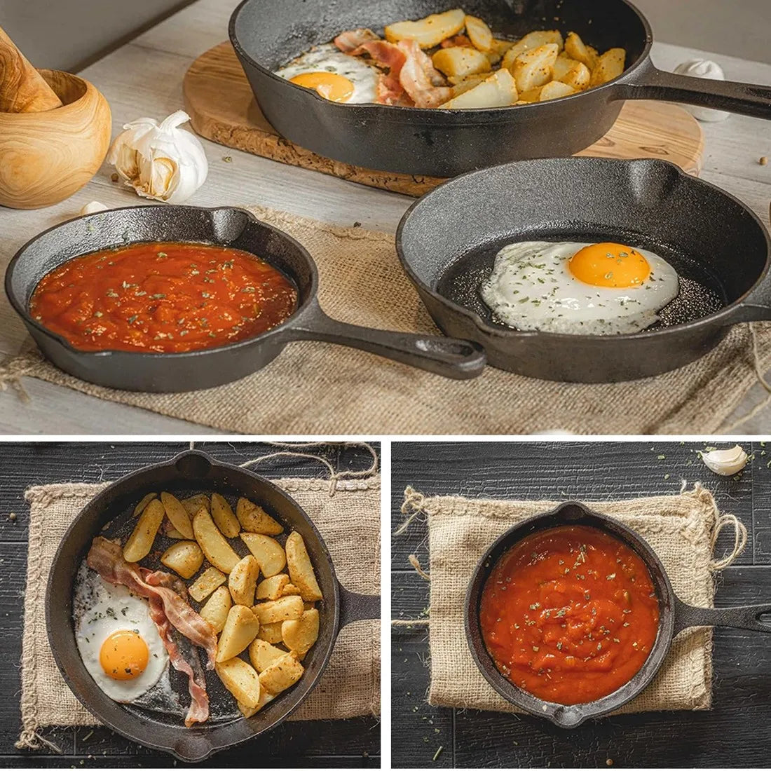 3 Piece Cast Iron Skillet Set with Brush & Heat Resistant Gloves – Pre-Seasoned Frying & Griddle Pans 16cm, 20cm & 26cm – Best for Searing, Frying & Oven Roasting