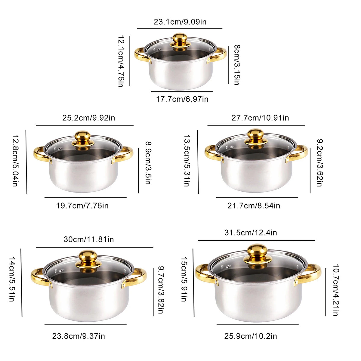 Golden Stainless Steel Cookware Set with Glass Lids & Silicone Utensils – 16 Piece Pots & Pans 18cm to 26cm – Perfect for Home Cooking & Dinner Parties
