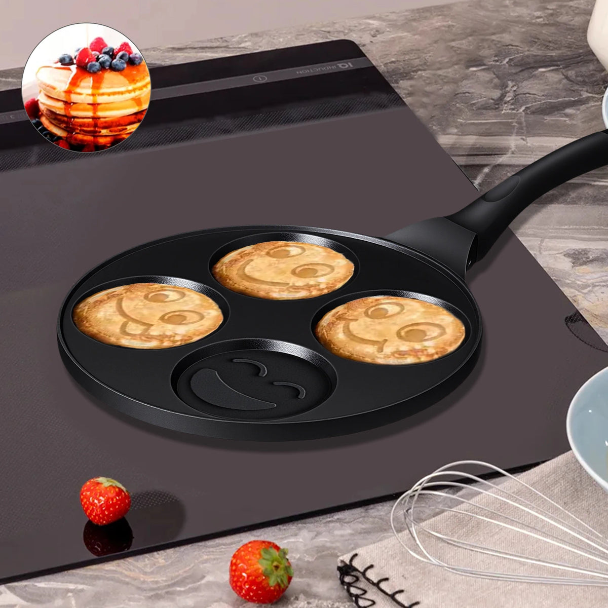Smiley Face Mini Pancake Maker – 4 Cavity Non-Stick Maifan Stone Griddle with Anti-Scald Handle – Ideal for Fun Breakfasts & Fried Eggs