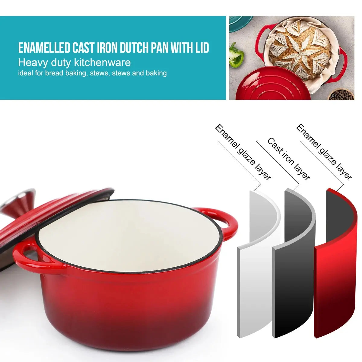Cast Iron Enamel-Coated Dutch Oven with Lid & Dual Side Handles – Heavy-Duty Cooking Pot Designed for Braising, Roasting, Baking, Stews, Curries, Soups & One-Pot Meals – Compatible with Oven, Induction & Gas Stoves