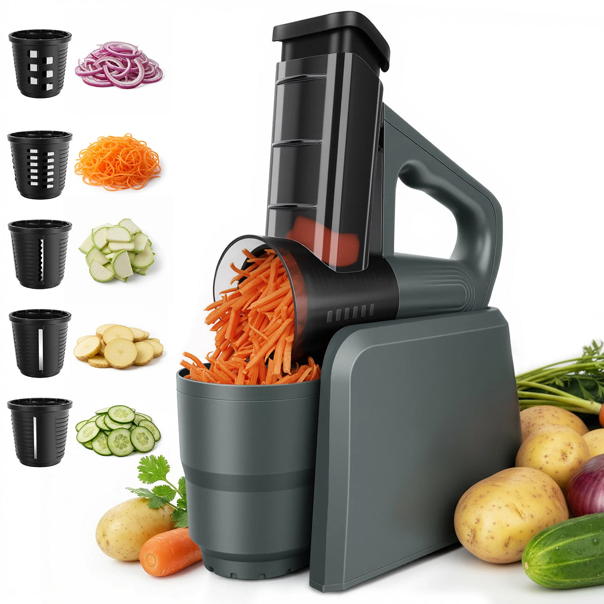 5-in-1 Electric Cheese Grater & Vegetable Slicer – Drum Food Processor with 5 Interchangeable Blades – Best for Cheese, Carrots, Nuts & Salads