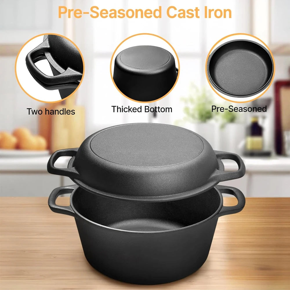 Cast Iron Dutch Oven Pot with Skillet Lid Set – 2-in-1 Multi Cooker for All Stoves – Ideal for Cooking, Baking, Frying & Camping (26cm)