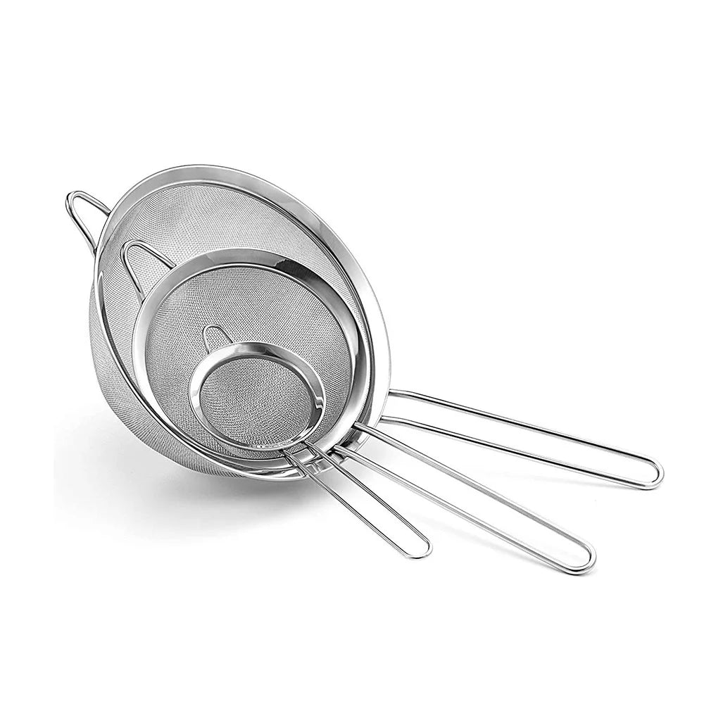 3 Piece Stainless Steel Mesh Sieve Set with Handles – Fine Flour Sifter & Food Strainers – Best for Baking, Rice & Quinoa