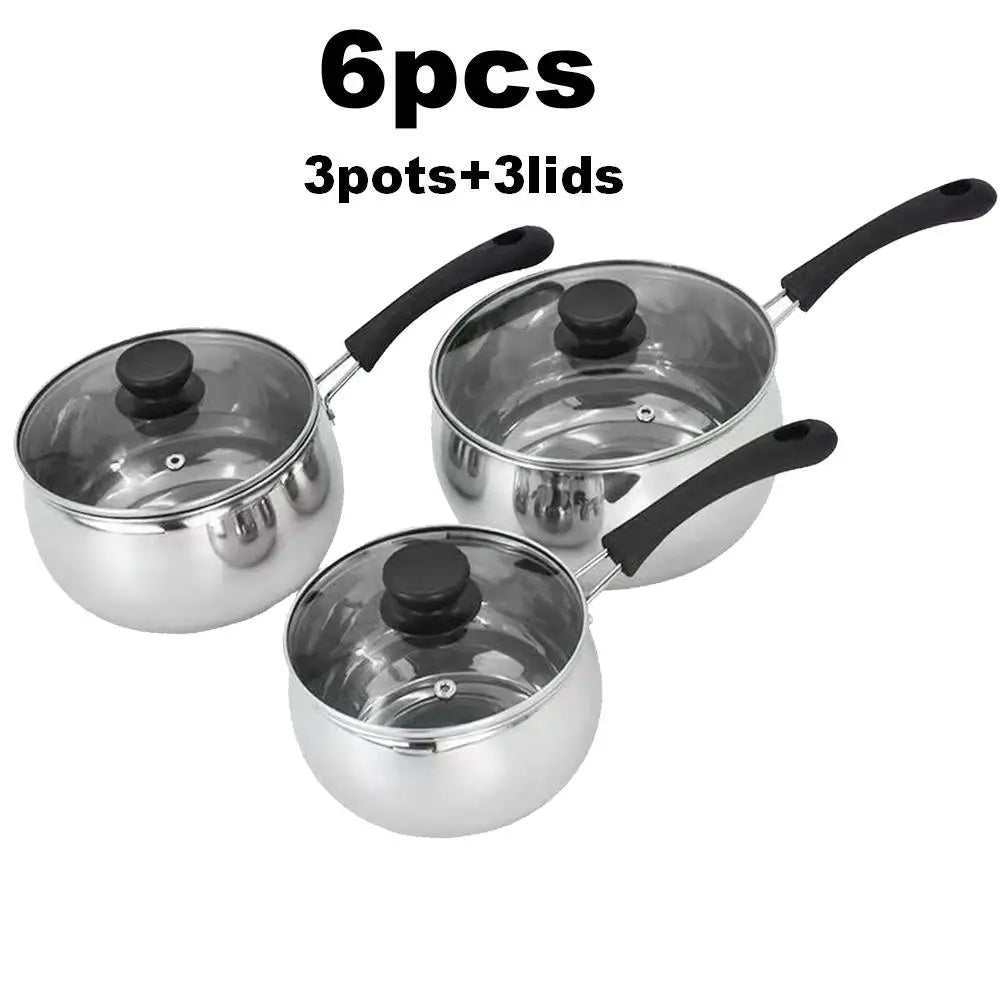 6 Piece 304 Stainless Steel Saucepan Set with Glass Lids – 3 Pots with Sturdy Handles – Ideal for Sauces, Soups & Everyday Cooking