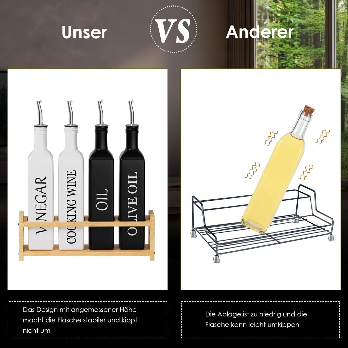 Oil & Vinegar Dispenser Set with Bamboo Rack – Black & White Glass Bottles with Steel Pour Spouts, Stoppers & Funnel – Great for Worktops & Dining Tables