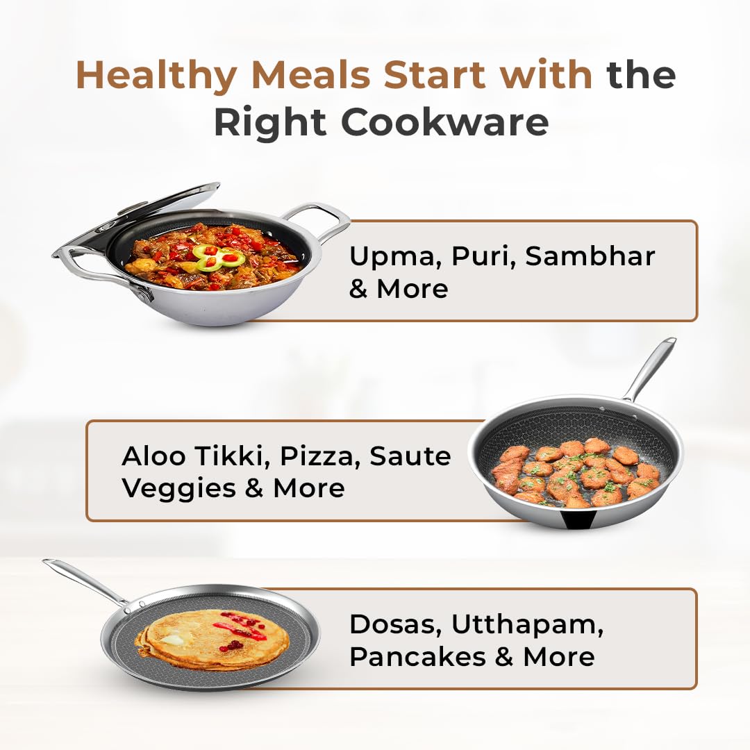 Tri-Ply HoneyComb 3-Pc Cookware Set 26 cm Fry Pan, 26 cm Kadai with Lid and 29 cm Dosa Tawa, Non-Stick