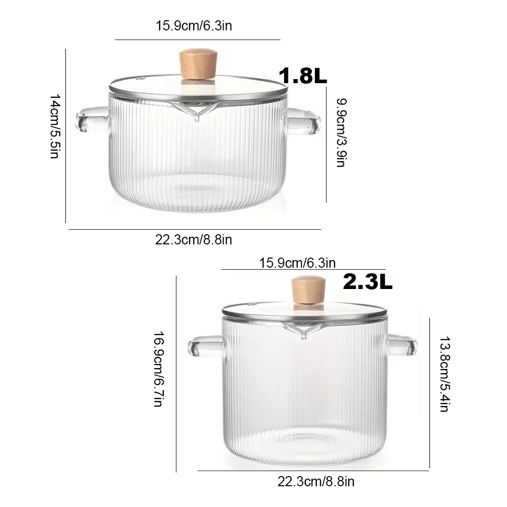 Glass Cooking Pot with Lid – Heat Resistant Borosilicate Glass Saucepan with Dual Handles – Best for Soup, Pasta & Baby Food – Available in 1.8L & 2.3L