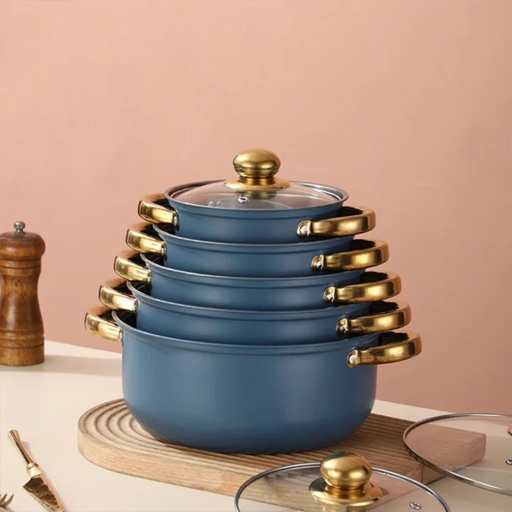 10-Piece Blue Stainless Steel Cookware Set with Glass Lids & Gold-Colored Dual Handles – Multi-Purpose Anti-Scald Stock & Soup Pots, Ideal for Soups, Milk, Porridge & One-Pot Cooking, Compatible with Gas and Induction Stoves, Includes Spoon