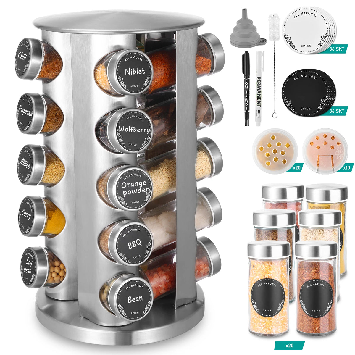 360° Rotating Stainless Steel Spice Carousel with 20 Round Glass Jars – Freestanding Spice Rack with Labels & Funnel – Best for Worktops, Cupboards & Shelves