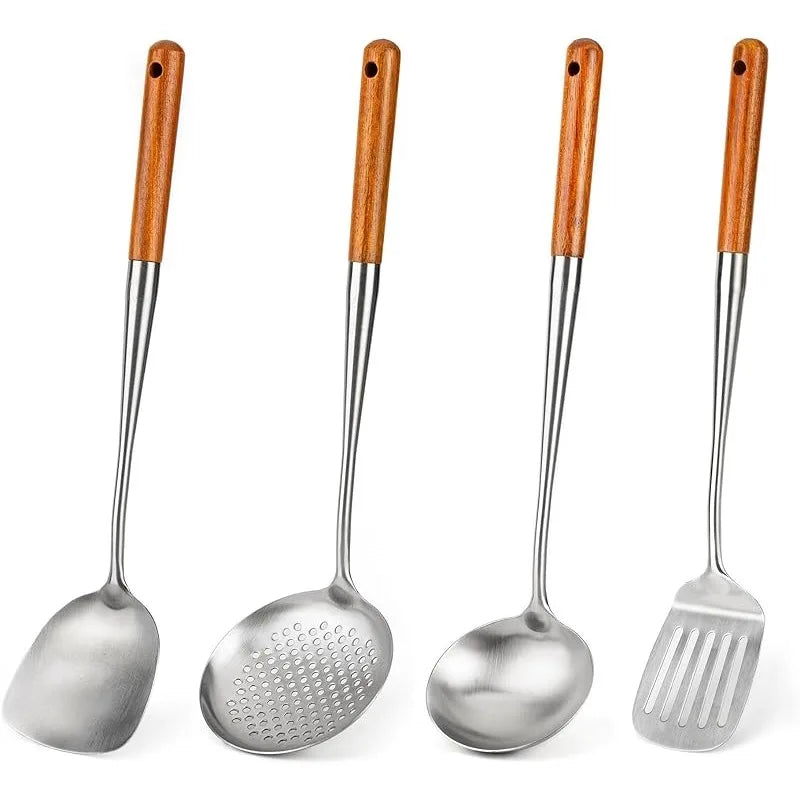 Stainless Steel Wok Spatula & Ladle Set with Wooden Handles – Skimmer, Slotted Turner & Cooking Utensils – Great for Stir-Fries, Soups & Frying – Available as a 4-Piece Set or Singles