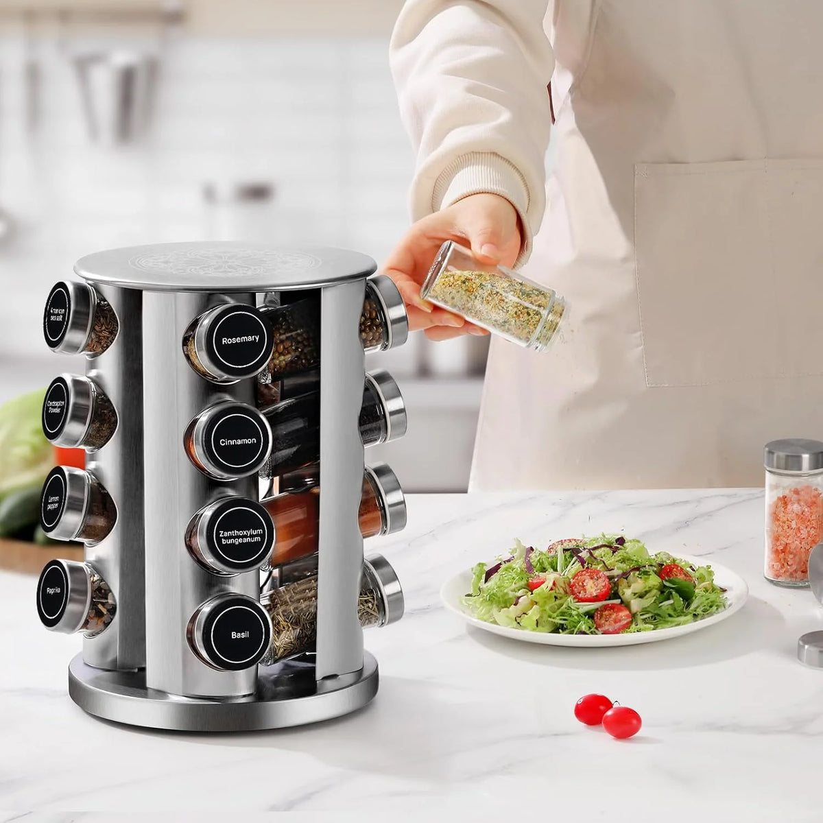 360° Rotating Stainless Steel Spice Carousel with 16 Round Glass Jars – Compact Freestanding Spice Rack with Labels & Funnel – Great for Worktops & Cupboards