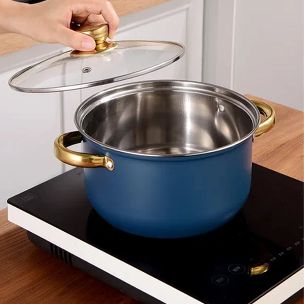 10-Piece Blue Stainless Steel Cookware Set with Glass Lids & Gold-Colored Dual Handles – Multi-Purpose Anti-Scald Stock & Soup Pots, Ideal for Soups, Milk, Porridge & One-Pot Cooking, Compatible with Gas and Induction Stoves, Includes Spoon