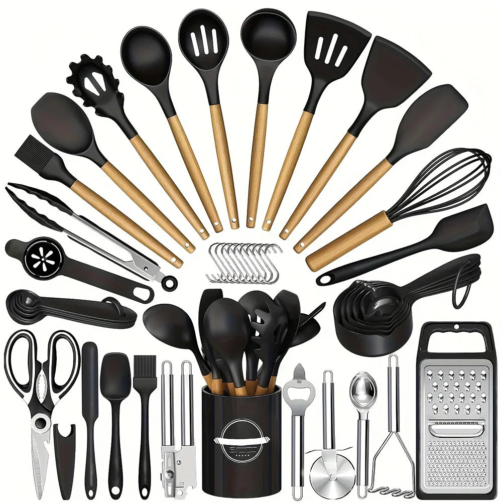 44 Piece Silicone Kitchen Utensil Set with Wooden Handles & Holder – Spatulas, Spoons, Whisk, Tongs & Measuring Cups – Ideal for Complete Kitchen Kits