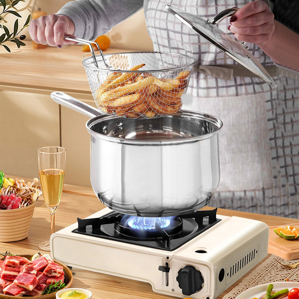 Stainless Steel Deep Fryer Pot with Basket & Glass Lid – Oil-Saving Round Deep Frying Pan – Great for Chips, Chicken & Fried Snacks