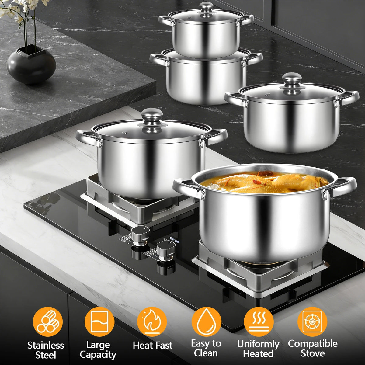 10 Piece Stainless Steel Cooking Pot Set with Glass Lids – 5 Pots 16cm to 24cm – Best for Boiling, Simmering & Family Meals