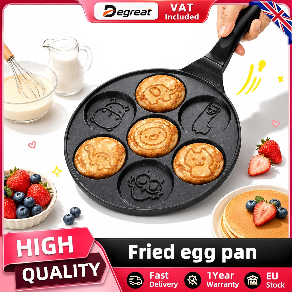 Animal Design Mini Pancake Maker – 7 Cavity Non-Stick Maifan Stone Griddle with Anti-Scald Handle – Great for Fun Kids' Breakfasts (28cm)