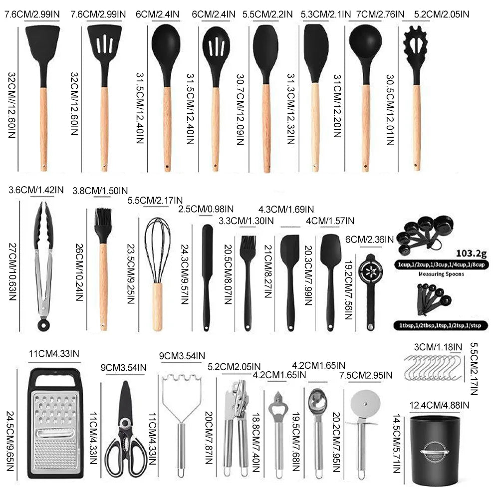 44 Piece Silicone Kitchen Utensil Set with Wooden Handles & Holder – Spatulas, Spoons, Whisk, Tongs & Measuring Cups – Ideal for Complete Kitchen Kits
