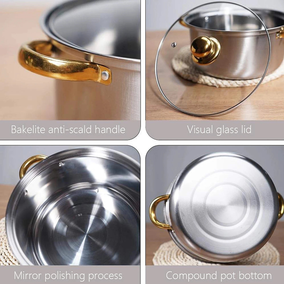Golden Stainless Steel Cookware Set with Glass Lids & Silicone Utensils – 16 Piece Pots & Pans 18cm to 26cm – Perfect for Home Cooking & Dinner Parties