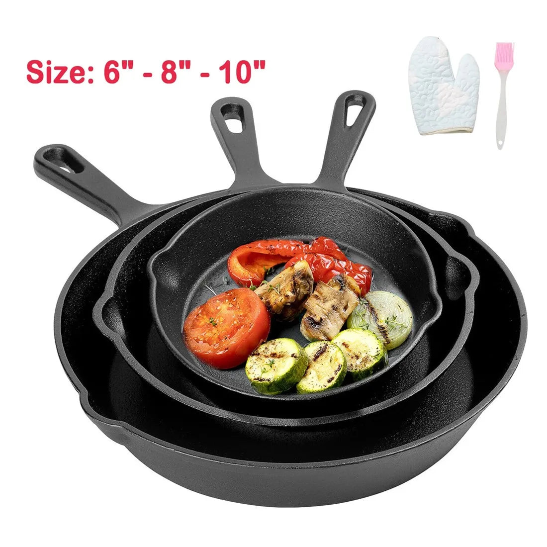 Pre-Seasoned Cast Iron Skillet Set with Brush & Gloves – 3 Heavy Duty Griddle & Frying Pans 16cm, 20cm & 26cm – Great for Grilling, Roasting & Baking