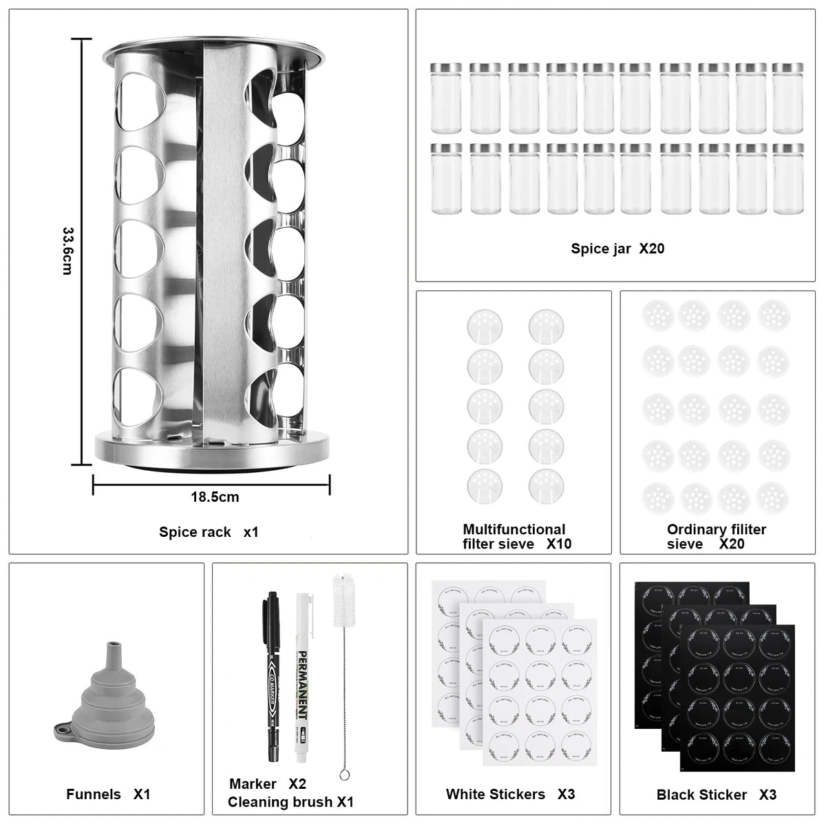 360° Rotating Stainless Steel Spice Carousel with 20 Round Glass Jars – Freestanding Spice Rack with Labels & Funnel – Best for Worktops, Cupboards & Shelves