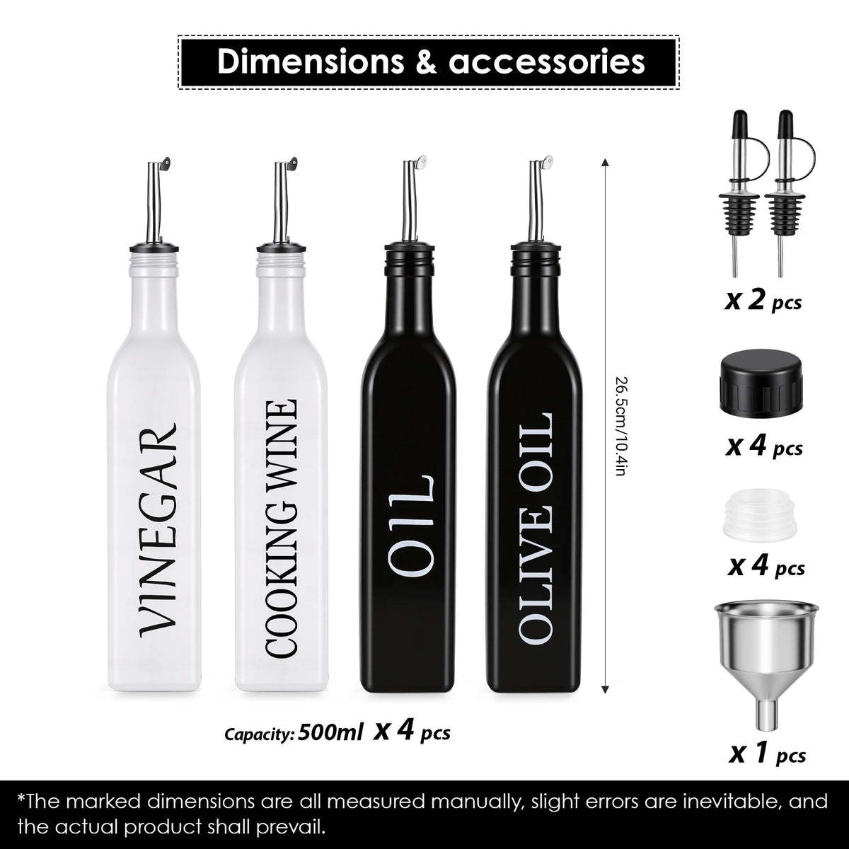 4 Pack Glass Oil Dispenser Bottles with Auto Open & Close Spouts – Leak-Proof 500ml Bottles with Funnel & Spare Caps – Ideal for Olive Oil, Soy Sauce & Vinegar