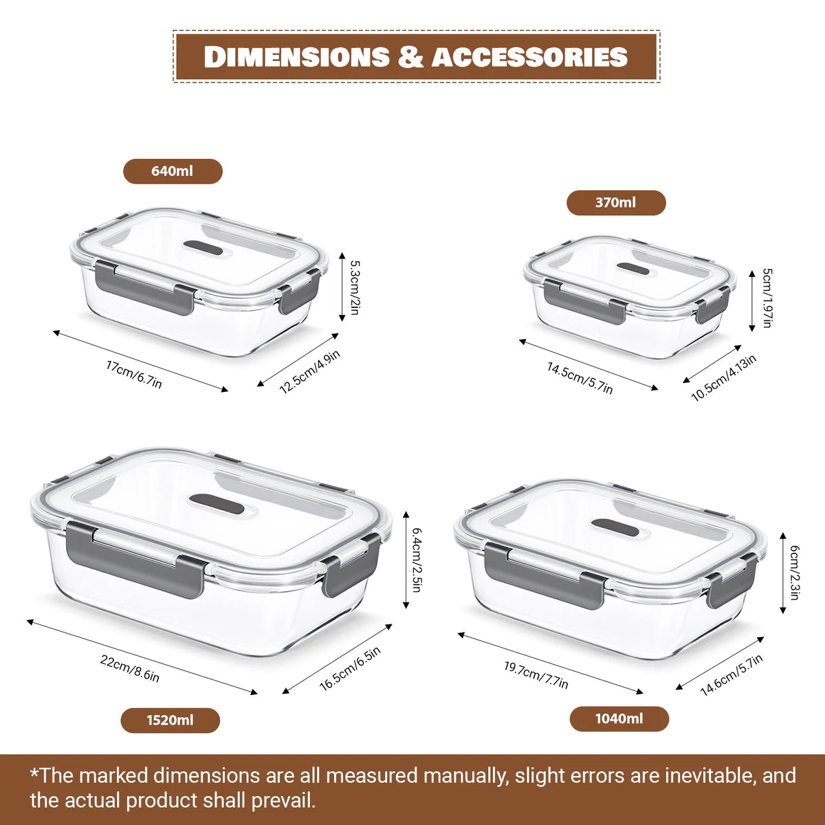 4 Piece Borosilicate Glass Food Containers with Snap-Lock Lids – Airtight Meal Prep Boxes 370ml, 640ml, 1040ml & 1520ml – Great for Fridge, Freezer & Lunches
