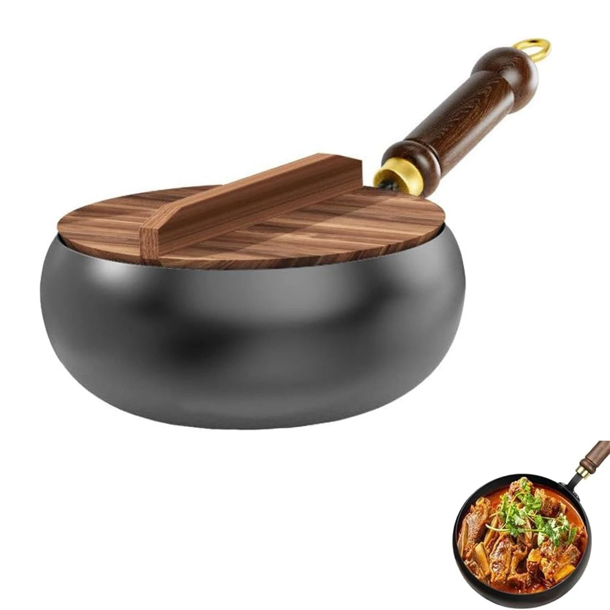Iron Frying Pan with Beech Wood Lid – Hand-Forged Uncoated Wok-Style Pan – Best for Frying, Stewing & Deep Frying – Available in 24cm & 28cm