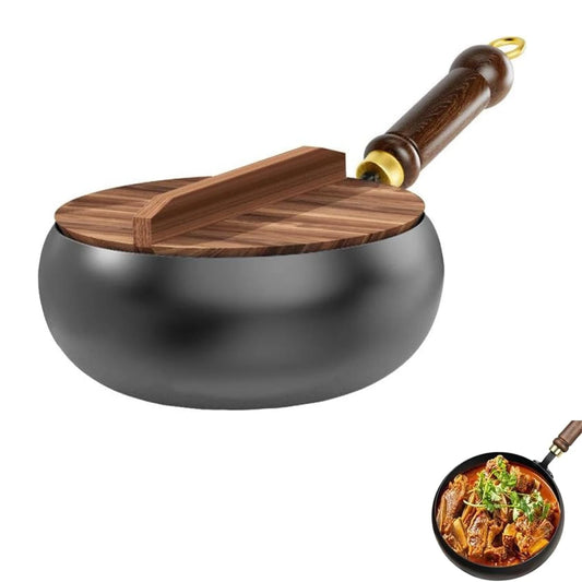 Iron Frying Pan with Beech Wood Lid – Hand-Forged Uncoated Wok-Style Pan – Best for Frying, Stewing & Deep Frying – Available in 24cm & 28cm